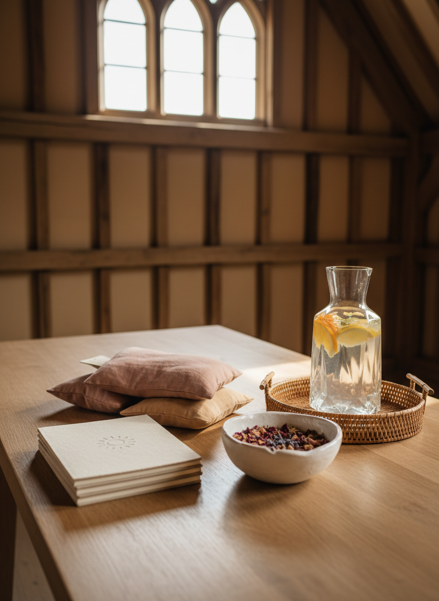 An elegantly styled retreat welcome table in a converted countryside barn: a smooth oak tabletop holds a stack of thick, textured cream-colored notebooks embossed with a subtle sun symbol, beside carefully folded linen eye pillows in dusty rose and warm sand hues. A handcrafted ceramic bowl contains dried rose petals and lavender buds, and a crystal carafe of infused water with floating citrus slices sits on a woven rattan tray. Soft, diffused afternoon light streams through high windows, catching the glass and creating gentle sparkles. Photographed from a slightly elevated angle in photographic realism, with a balanced composition that highlights the tactile materials and muted color palette. The atmosphere is warm, refined, and inviting, suggesting luxury, care, and feminine connection in nature without showing any people.