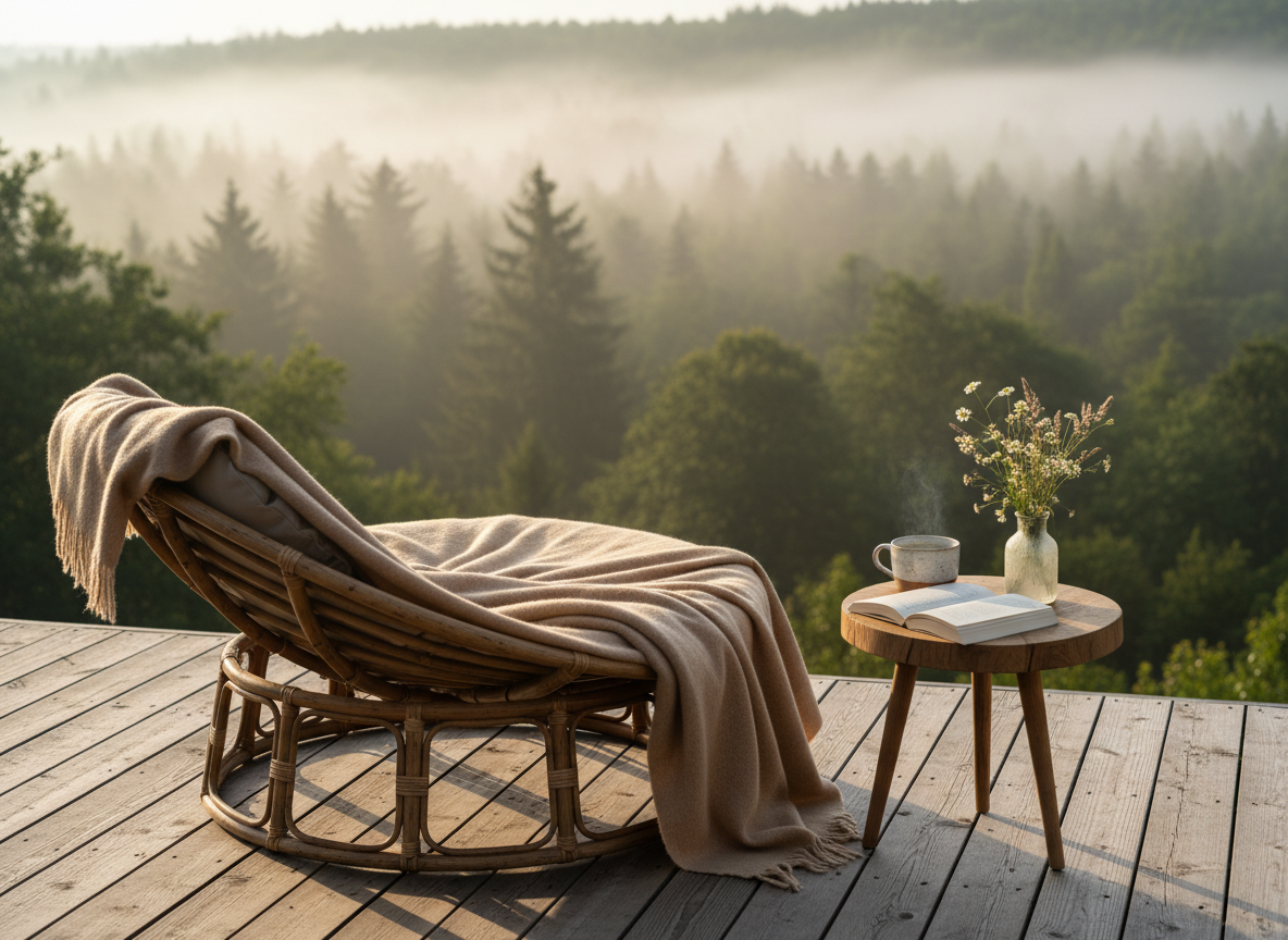 An intimate, nature-immersed retreat corner on a wooden deck overlooking a lush, misty forest. A plush, sand-colored wool blanket is artfully draped over a low, wide rattan lounge chair, next to a small round side table made of raw-edge oak. On the table rests a steaming cup of herbal tea in a handmade, speckled ceramic mug, an open poetry book, and a small bouquet of wild grasses and white flowers in a frosted glass vase. Early morning light filters through the trees, creating dappled patterns on the wood and soft mist in the background. Captured in photographic realism from a three-quarter angle, using the rule of thirds and a shallow depth of field, the mood is contemplative, feminine, and luxuriously serene.