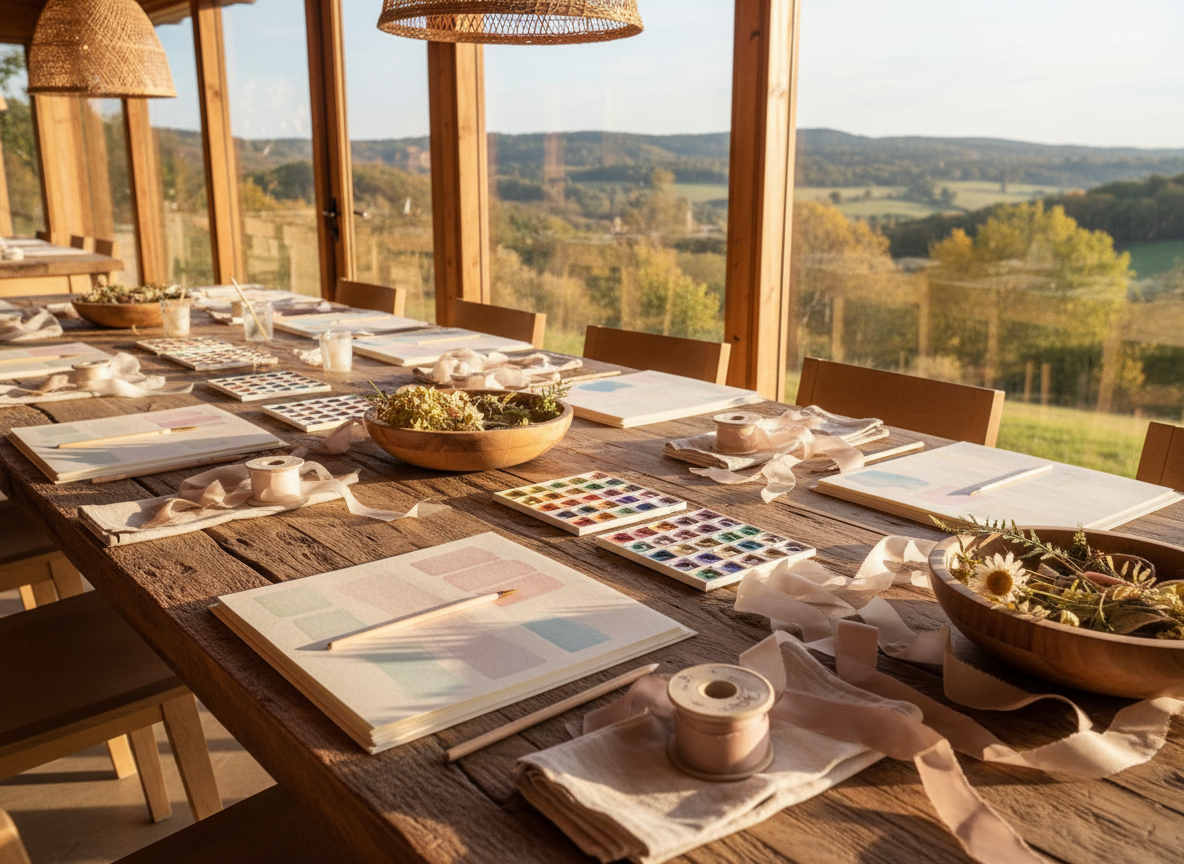 A creative workshop setup inside a softly lit eco-lodge: a long reclaimed-wood table holds neatly arranged watercolor palettes in pastel tones, thick cotton paper sheets, and fine sable brushes resting on linen napkins. Scattered around are small bowls of pressed flowers, ribbons in blush and taupe, and smooth wooden pencils. At the far end of the table, a large window frames a view of sun-dappled trees and gentle hills. The space is illuminated by warm, diffused late-afternoon light enhanced by discreet pendant lamps, casting delicate shadows across the textured paper. Shot from a slightly elevated diagonal perspective in photographic realism, the composition leads the eye along the table toward the landscape. The mood is quietly joyful, premium, and deeply feminine, evoking slow creativity and soulful connection without any human figures.