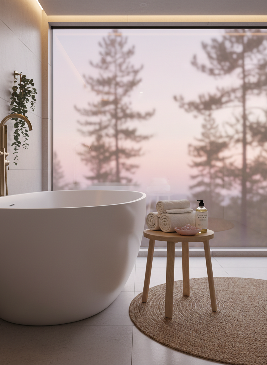 A luxurious spa-inspired retreat bathroom corner, featuring a deep, freestanding matte white bathtub positioned beside a floor-to-ceiling window that opens onto a blurred view of pine trees and a soft pink sunset. A wooden stool holds neatly rolled organic cotton towels, a glass bottle of botanical bath oil with a minimalist label, and a small ceramic dish filled with rose quartz stones. Eucalyptus branches hang from the shower fixture, and a woven jute rug softens the stone floor. Soft, warm, indirect lighting mingles with the fading natural light, creating gentle reflections on the tub and subtle shadows. Shot in photographic realism from an eye-level side angle, the composition is clean and balanced, conveying a mood of indulgent, feminine self-care and calm sophistication, perfectly aligned with a premium women’s retreat experience.