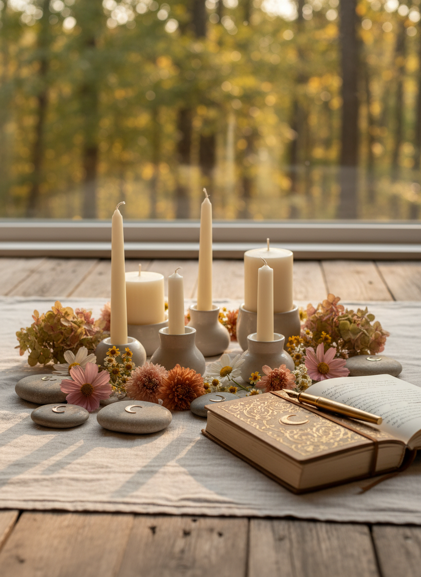 A carefully arranged circle of natural objects on a linen-covered wooden floor: creamy beeswax candles in matte ceramic holders, delicate wildflowers in muted blush and terracotta tones, smooth river stones engraved with tiny moon symbols, and an open embossed leather journal with a gold fountain pen resting across its pages. The scene is set near a large window overlooking a soft-focus forest, bathed in gentle golden hour light that creates warm highlights and long, soft shadows. Shot at eye level with a shallow depth of field, the foreground elements are crisp while the background melts into a dreamy bokeh. The mood is serene, intimate, and premium, rendered in photographic realism with a minimalist, sophisticated aesthetic that evokes feminine retreat energy without any human presence.