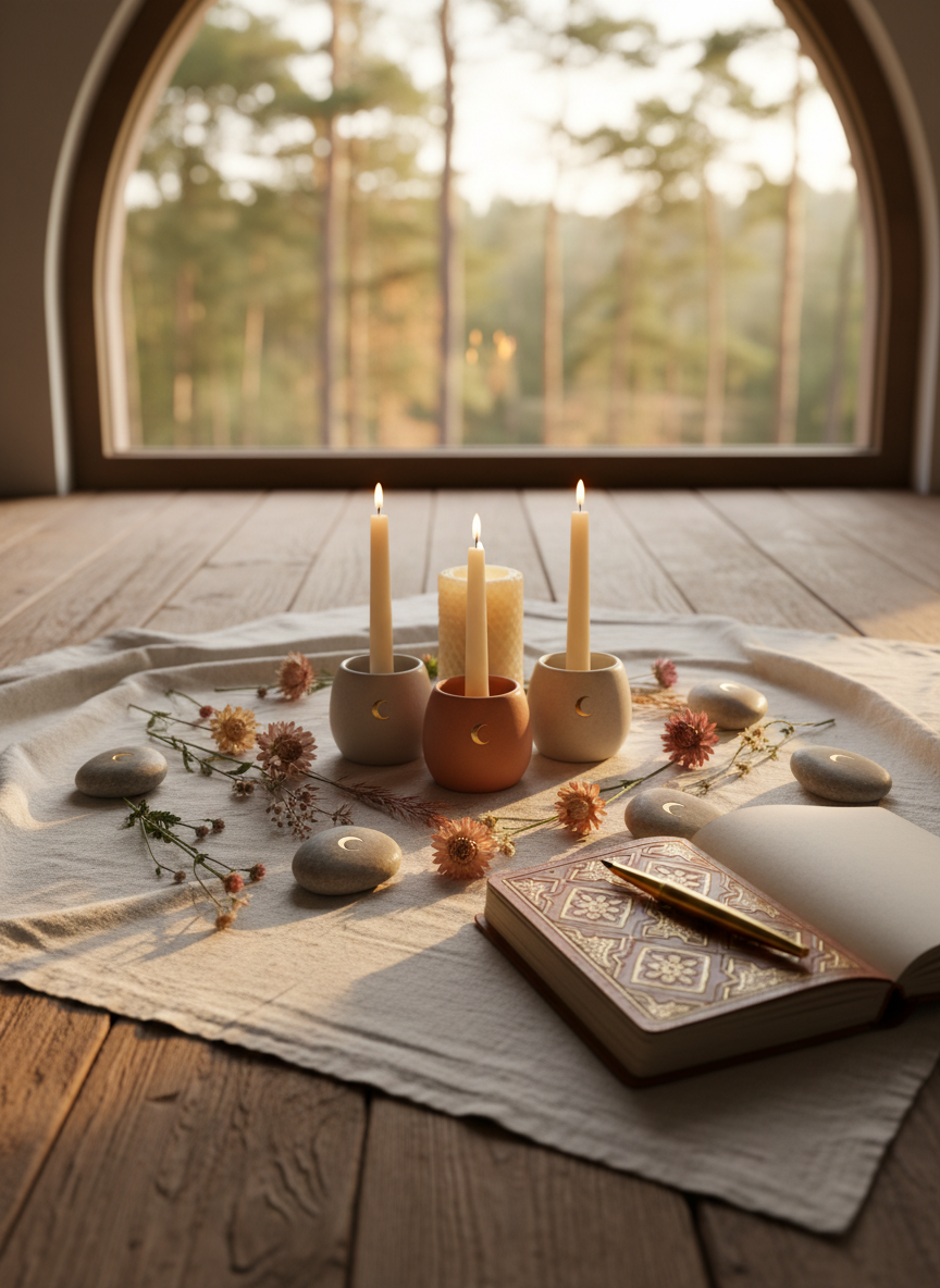 A carefully arranged circle of natural objects on a linen-covered wooden floor: creamy beeswax candles in matte ceramic holders, delicate wildflowers in muted blush and terracotta tones, smooth river stones engraved with tiny moon symbols, and an open embossed leather journal with a gold fountain pen resting across its pages. The scene is set near a large window overlooking a soft-focus forest, bathed in gentle golden hour light that creates warm highlights and long, soft shadows. Shot at eye level with a shallow depth of field, the foreground elements are crisp while the background melts into a dreamy bokeh. The mood is serene, intimate, and premium, rendered in photographic realism with a minimalist, sophisticated aesthetic that evokes feminine retreat energy without any human presence.