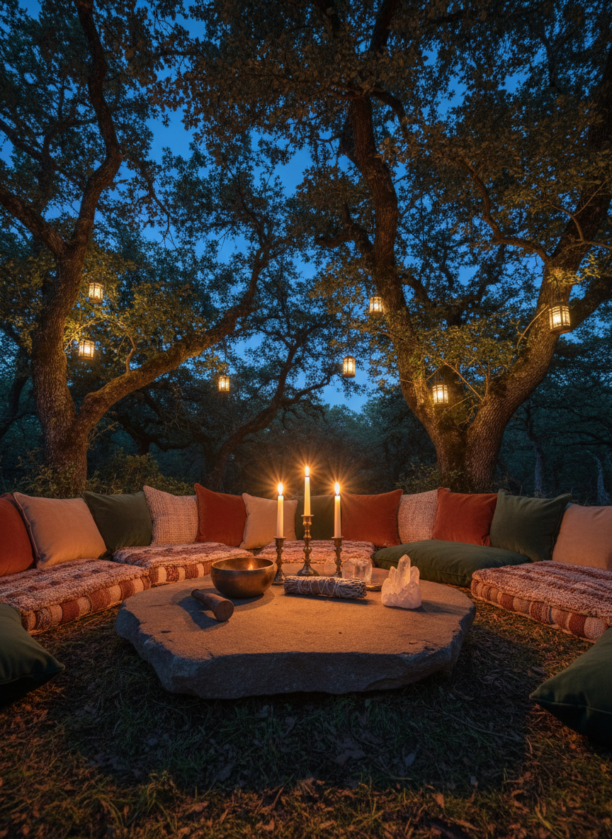 A twilight outdoor ritual space in a forest clearing: a low circular arrangement of woven cushions in muted earth and blush tones surrounds a central altar made from a smooth, flat stone. On the stone sit tall, slender ivory candles in brass holders, a polished singing bowl, a bundle of dried sage, and a small crystal cluster that catches the last light. Lanterns with warm, flickering LEDs hang from nearby branches, illuminating mossy ground and tree trunks. The sky is a deepening blue, with the first stars visible through the canopy. Captured in photographic realism from a slightly lowered angle, the composition emphasizes the glowing circle against the darkening woods. The atmosphere is magical, sacred, and sophisticated, inviting quiet reflection and feminine gathering energy without depicting any people.